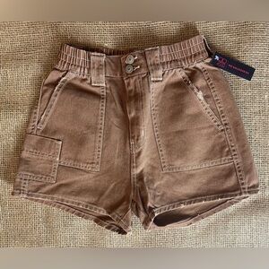 Denim Shorts size 1, brown cargo elastic waist with belt loops, 5 pockets